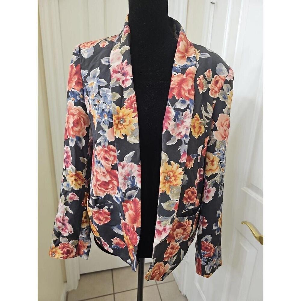 Women's Silk Floral Blazer Large Black Workwear Quiet Luxury Dark Academia